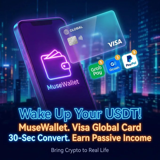 A promotional advertisement for MuseWallet, a Visa Global Card, featuring a glowing smartphone with a wallet icon and a translucent Visa card, along with payment options like GrabPay, Gcash, and PayPal, with the text 'Wake Up Your USDT! 30-Sec Convert. Earn Passive Income'.
