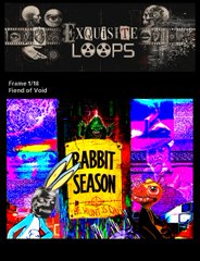 A header image for 'Exquisite Loops' Frame 5/18 titled 'Friend of Void,' featuring colorful panels of eyes, a shark, and a rabbit holding a sign that reads 'RABBIT SEASON.'