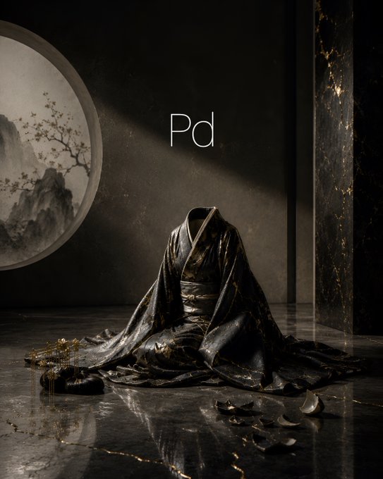 A dark, elegant photograph shows a black and gold kimono draped in a human-like shape on a marble floor, with 'Pd' text and a Japanese-style painting in the background.