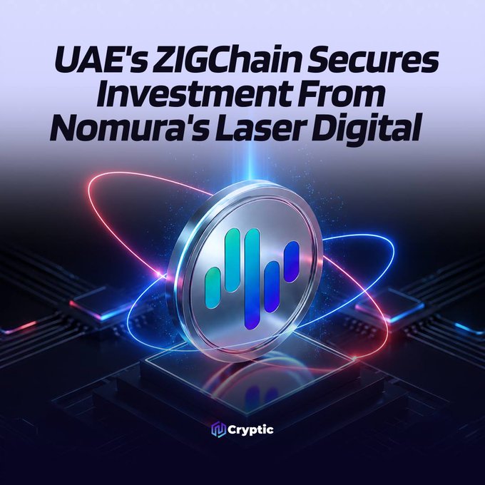 A digital graphic features the headline "UAE's ZIGChain Secures Investment From Nomura's Laser Digital" above a stylized ZIGChain logo displayed on a glowing metallic coin, set against a high-tech backdrop of circuit board patterns and red and blue orbital light trails, with the "Cryptic" branding at the bottom. The image visually represents the announced partnership between ZIGChain and Laser Digital to advance institutional tokenization of regulated financial products onchain.