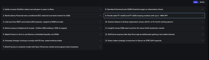 A dark-themed news headline list with two columns containing 13 crypto and finance news items, including headlines about Halidie crossing 10 billion tokens, World Liberty Financial, Ethena treasury stablecoinX, Coinbase delisting, Chainlink target, Pendle PT points, and other market news.