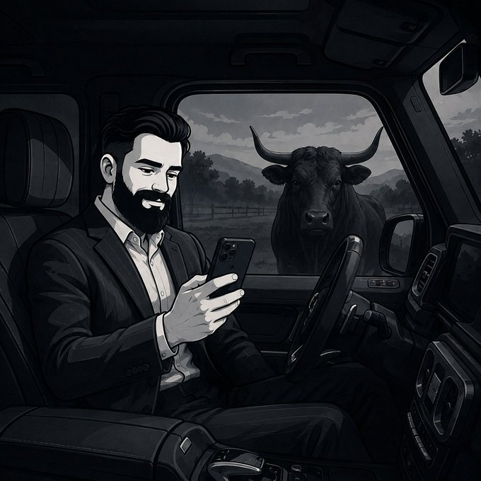 A black and white illustrated scene showing a bearded man in a suit sitting in a vehicle looking at his phone, while a large bull with horns stares through the window outside.