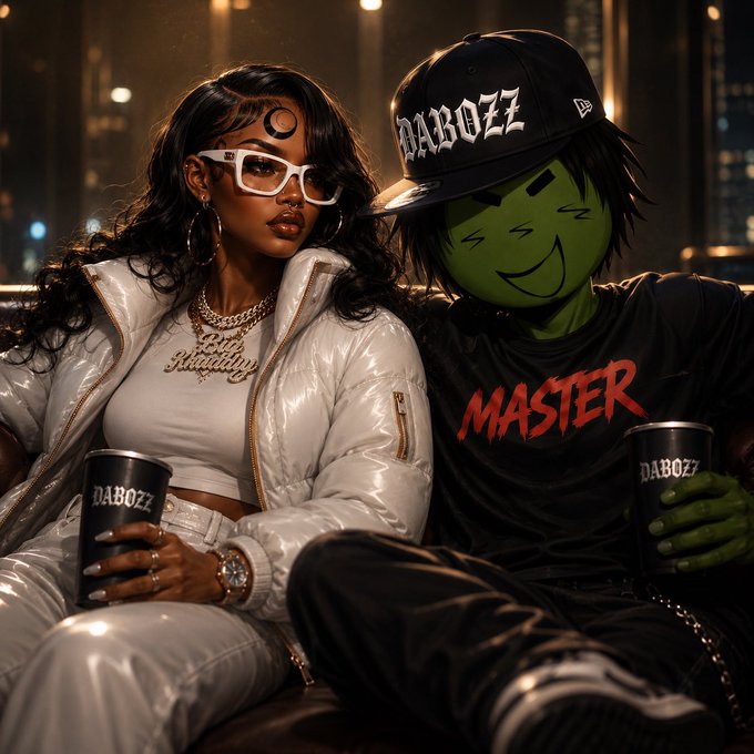 Two figures sit together in a dark, urban setting: a woman in a white puffer jacket and white sunglasses, and a green-skinned character wearing a black 'MABOZZ' cap and a 'MASTER' t-shirt, both holding cups with 'MABOZZ' printed on them.