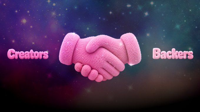 A 3D-rendered graphic shows a pair of fuzzy pink hands shaking against a starry cosmic background, flanked by the pink bubble text 'Creators' on the left and 'Backers' on the right.