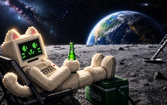 A pixel-art style illustration shows a white cat relaxing on a lounge chair on the moon with a Carlsberg beer bottle, while Earth glows in the background.