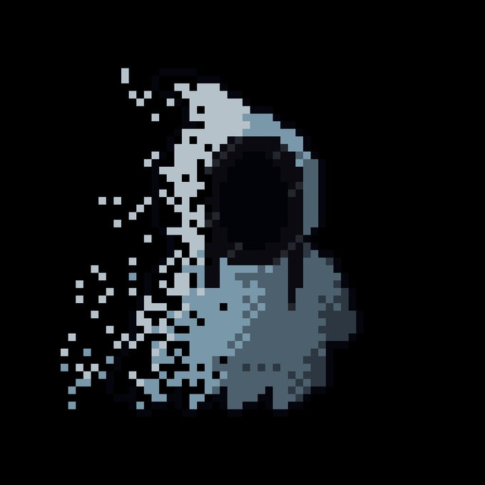 A pixel art illustration of a dark hooded figure dissolving or pixelating into scattered blue and white fragments against a black background.