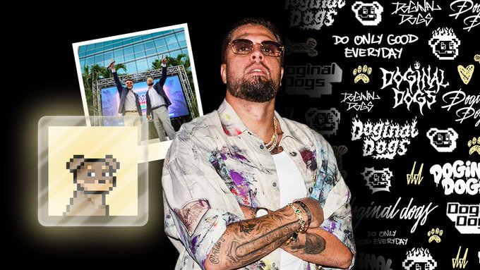 A promotional image featuring a tattooed man with sunglasses standing in front of a black backdrop covered in white logos, including 'DOGINAL DOGS' and 'DO ONLY GOOD EVERYDAY,' alongside an inset pixel-art dog illustration and a photograph of two people.