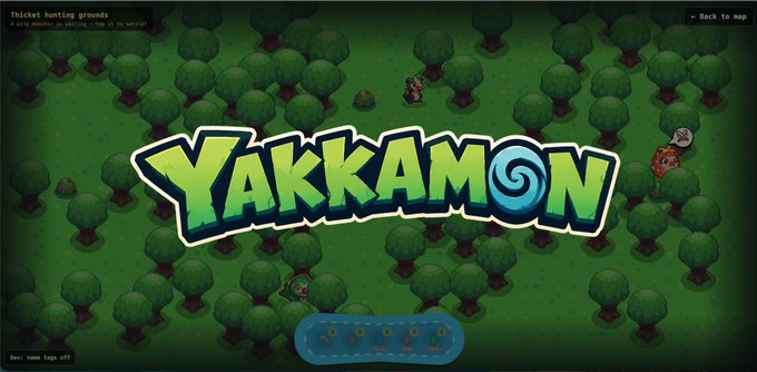 The title screen for the game 'YAKKAMON' is displayed over a pixelated forest background with small character sprites and an inventory bar at the bottom.