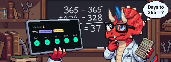 A pixel-art style image of a red dragon wearing a lab coat and glasses, holding a calculator, with a tablet showing a daily streak counter and a chalkboard reading '365 - 365 = 37' and 'Days to 365 = ?'.