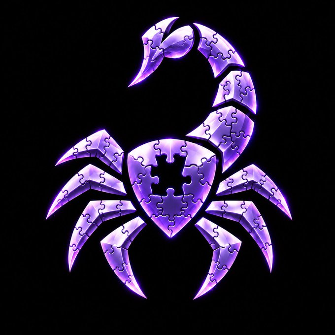 A digital illustration of a scorpion constructed entirely from interlocking purple jigsaw puzzle pieces against a black background.