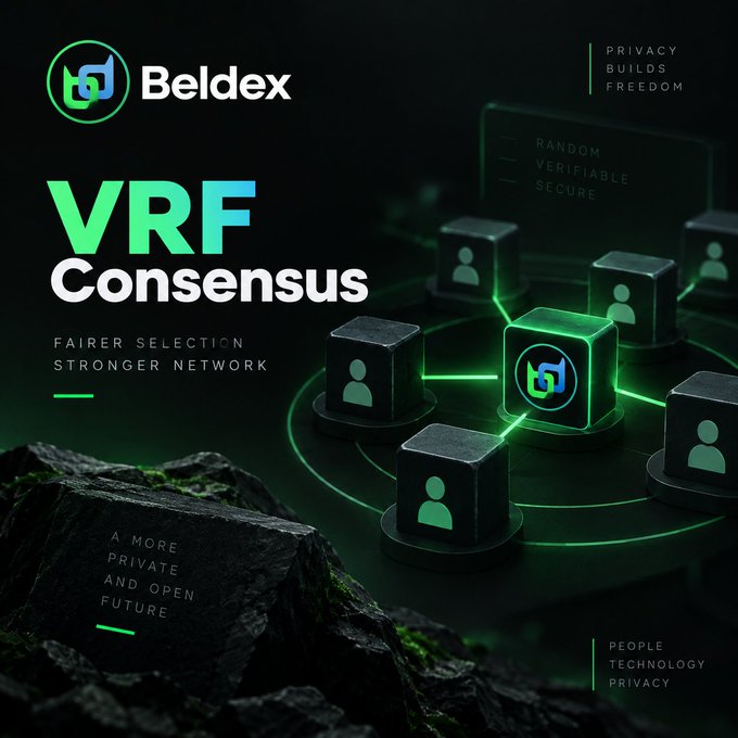A promotional graphic for Beldex featuring the text 'VRF Consensus' in large white and green letters, alongside 3D-rendered user icons connected by glowing green lines and the phrases 'PRIVACY BUILDS FREEDOM' and 'FAIRER SELECTION STRONGER NETWORK'.
