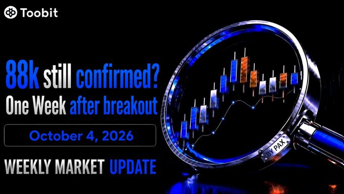 A Toobit crypto exchange promotional graphic displays '88K still confirmed? One Week after breakout' with date 'October 4, 2026' and 'WEEKLY MARKET UPDATE' featuring a candlestick chart under a magnifying glass.