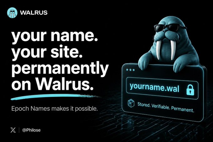Promotional graphic for Walrus featuring a 3D animated walrus wearing sunglasses, with text reading 'your name. your site. permanently on Walrus. Epoch Names makes it possible.' alongside a browser bar showing 'yourname.wal' and 'Stored. Verifiable. Permanent.'