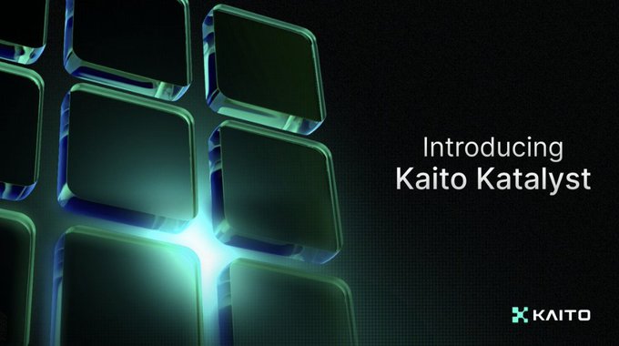 A promotional graphic introducing 'Kaito Katalyst' featuring glowing 3D squares on a dark background.