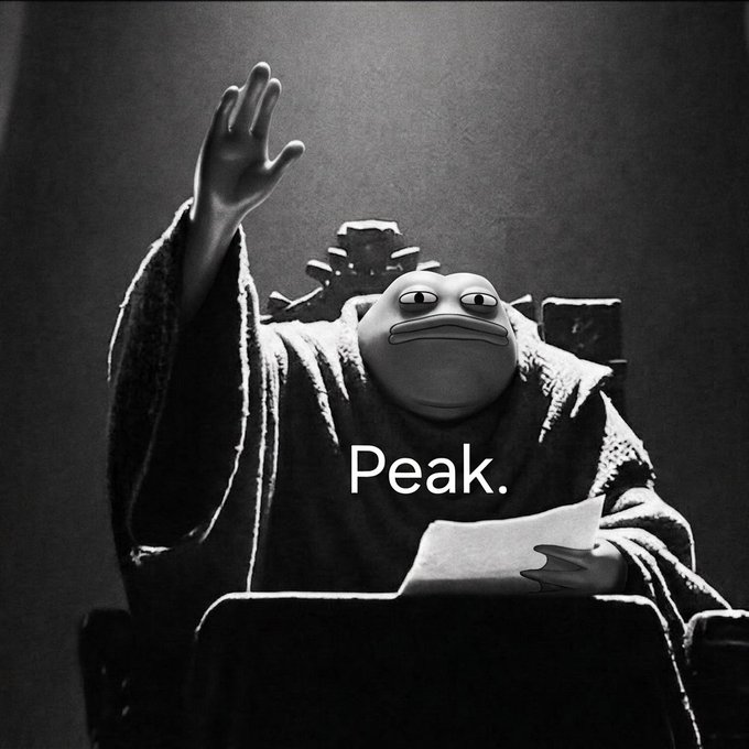 A black-and-white meme of a chubby cartoon figure sitting on a throne raising one hand, with the word 'Peak.' written across it.