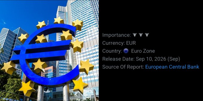 A Euro sign sculpture in front of buildings, accompanied by text stating "Importance: ▼▼▼," "Currency: EUR," "Country: Euro Zone," "Release Date: Sep 10, 2026 (Sep)," and "Source Of Report: European Central Bank."