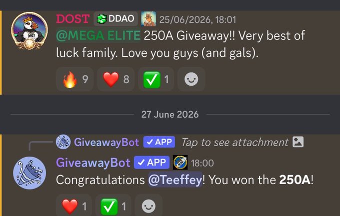 A Discord screenshot showing a giveaway announcement from DOST in the MEGA ELITE channel offering a 250A prize, followed by GiveawayBot congratulating user "Teeffey" as the winner, illustrating the random ALGO prizes NFT holders can win.
