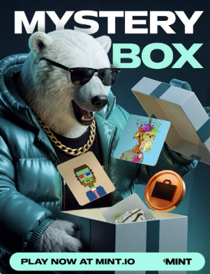A 'Mystery Box' promotional graphic featuring the same sunglasses-wearing polar bear mascot opening a box containing NFT collectibles, with text 'PLAY NOW AT MINT.IO'.