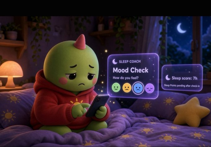 A 3D-rendered sad green dinosaur-like character in a red hoodie looks at a phone, with floating digital panels displaying a 'SLEEP COACH Mood Check' and a 'Sleep score: 7h'.