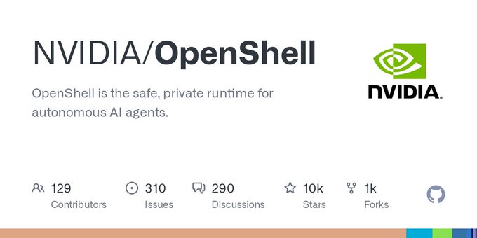A GitHub repository header for 'NVIDIA/OpenShell' with the description 'OpenShell is the safe, private runtime for autonomous AI agents.', showing 129 Contributors, 310 Issues, 290 Discussions, 10k Stars, and 1k Forks, alongside the NVIDIA logo.