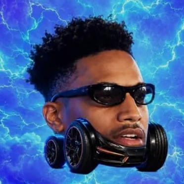 A stylized image features a young man wearing dark sunglasses and a unique black headset designed to look like car wheels, set against a vibrant, electric blue background.