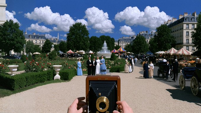 A first-person view of hands holding a vintage camera in a sunny Parisian-style park, with people in period costumes and the Eiffel Tower visible in the distance.