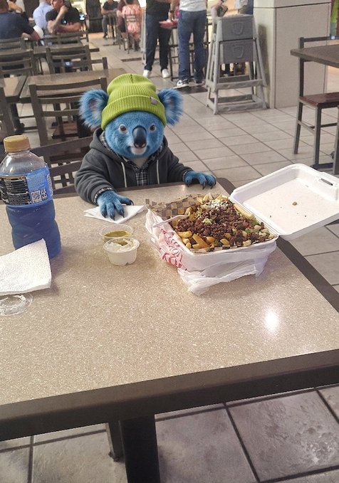 A blue furry mascot character wearing a green beanie and gray hoodie sits at a food court table with a takeout container of food, a bottle, and small sauce cups, perfectly matching the post's caption of "Lunch with Glitchy" — the character's quirky blue appearance and casual setting embodying the playful, lighthearted spirit of the $GLITCH mascot.