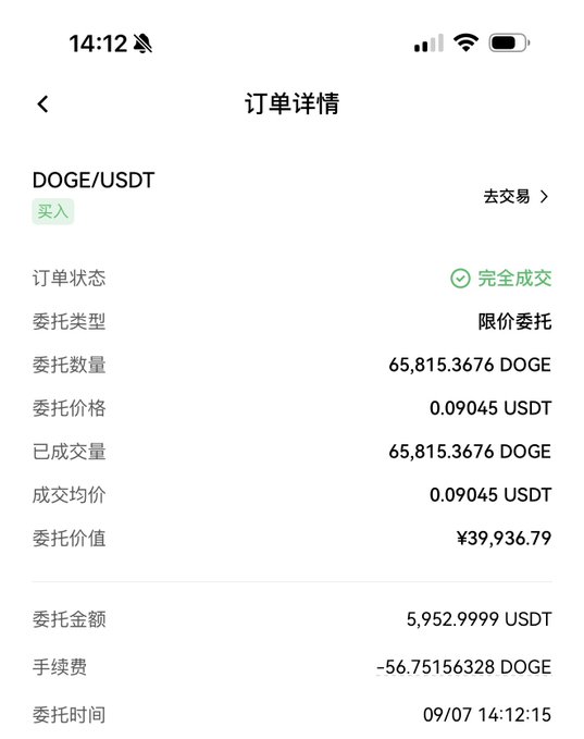 A smartphone screenshot showing a completed order for 65,815.3676 DOGE/USDT at 0.09045 USDT per coin, totaling 5,952.9999 USDT with a -56.75 DOGE fee, dated 09/07 at 14:12:15. The image documents Day 26 of dollar-cost averaging into Doge, with the trader expressing confidence that gains of dozens of times will come once a bull market arrives.