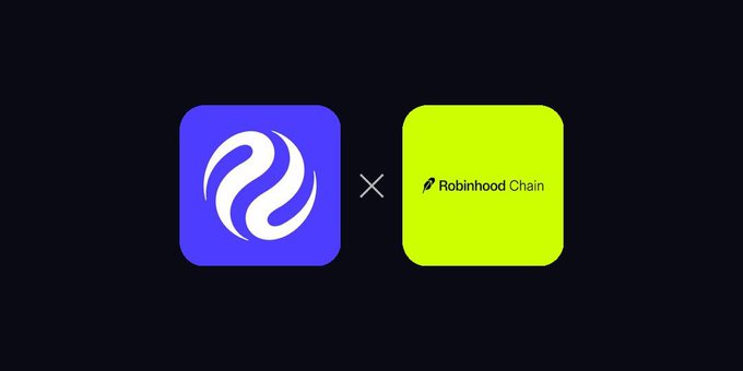 A promotional graphic on a black background showing the purple Wormhole logo next to a multiplication sign and the green Robinhood Chain logo.