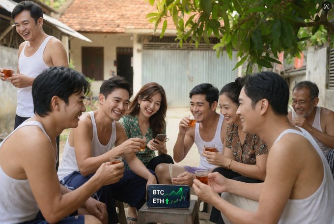 A group of eight people in white tank tops gathered outdoors, smiling and holding small glasses of tea while looking at a phone, with a small sign showing 'BTC' and 'ETH' with upward green arrows in front of them.