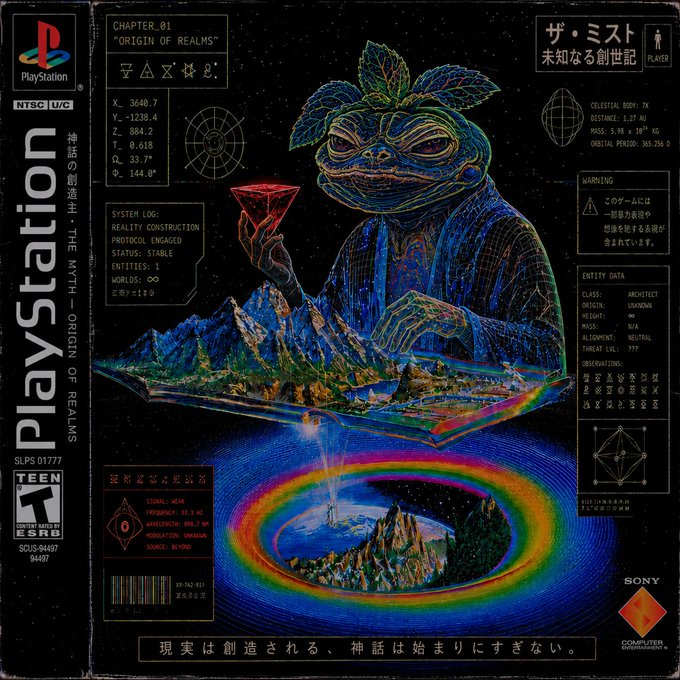 A PlayStation 1 style retro video game cover titled 'THE MYTH - ORIGIN OF REALMS -' (未知なる創世記) in Japanese, featuring artwork of a turtle-like creature holding a red crystal above a rainbow ring, with system data and entity information displayed.