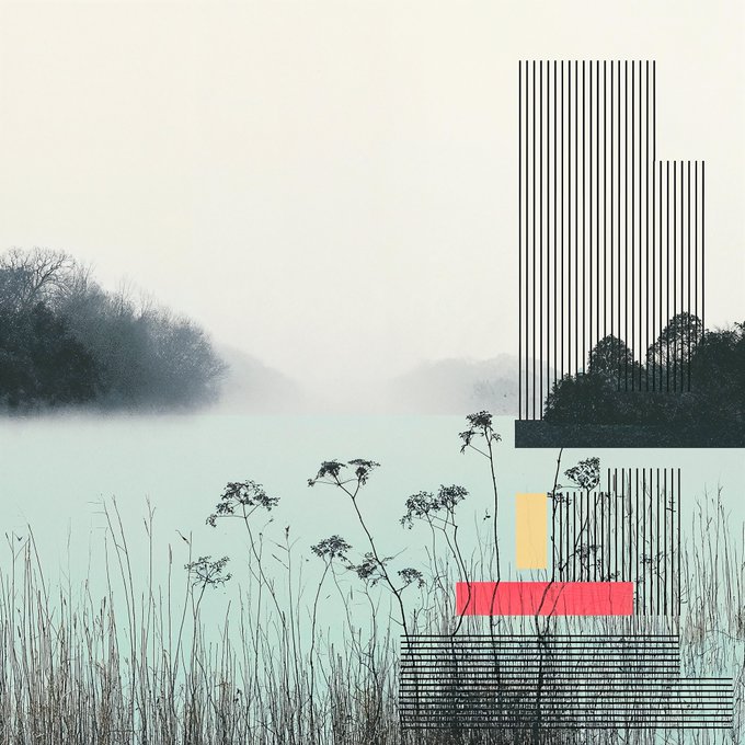 A minimalist collage combining a muted, foggy photograph of a lake with trees, with graphic black vertical lines, a small yellow rectangle, and a red rectangular block creating a modern, abstract composition.