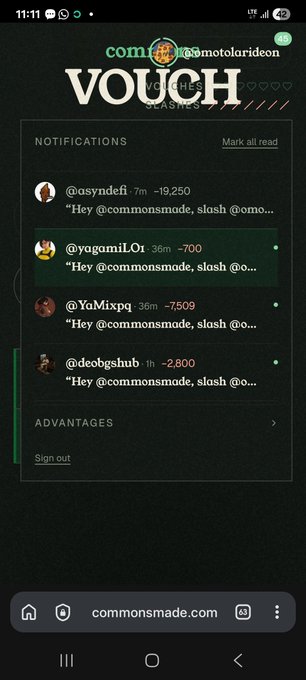 A mobile screenshot of a website 'commonmade.com' showing a 'VOUCH' page with notifications from users like '@osyndefi', '@yagamiLOt', '@YaMixpq', and '@deobgshub' on a dark green background.