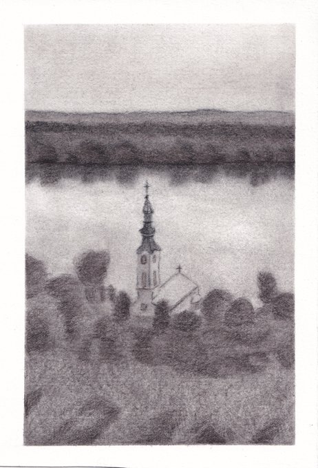 A grayscale pencil or charcoal drawing depicting a church with a tall spire in a misty landscape.