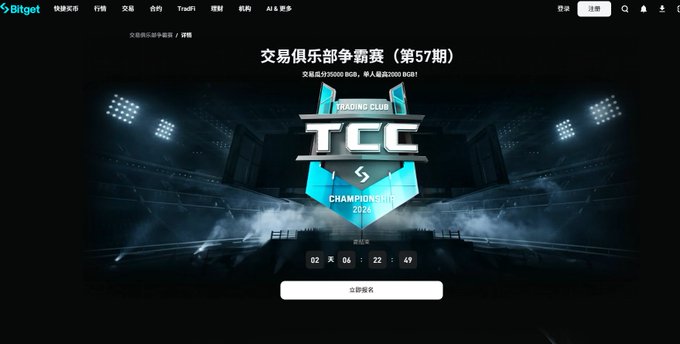 A webpage screenshot from Bitget advertising a 'Trading Club Championship 2026' (TCC) tournament with a countdown timer showing '02 天 06:22:49'.