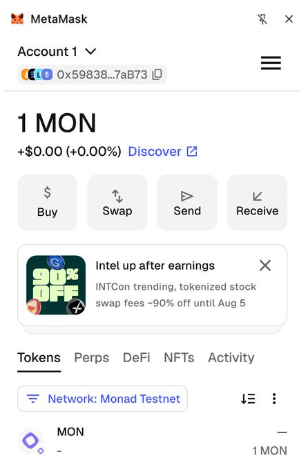 A MetaMask wallet screenshot showing Account 1 with 1 MON on the Monad Testnet network, featuring Buy, Swap, Send, and Receive options.