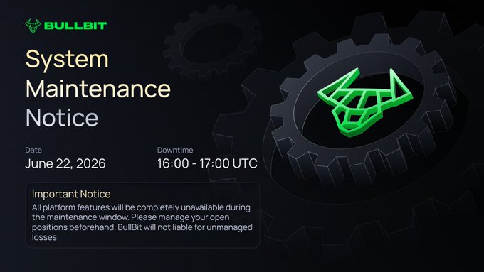 The image shows a black background with a green gear, which appears to be a logo for Bullit. The text "System Maintenance" is displayed at the top of the image, along with the date "June 22, 2016", the time "16:00 - 17:00 UTC", and an explanation that says "All platform features will be completely unavailable during this window. Please manage your open positions". This information suggests that Bullit is updating its system to improve performance or fix a bug, and users should close their open positions during the scheduled maintenance period.