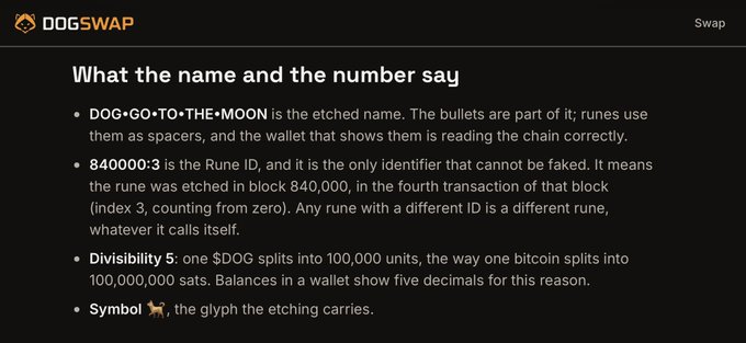 An informational page from DOGSWAP titled 'What the name and the number say' explaining that the etched name is DOG•GO•TO•THE•MOON, the Rune ID is 840000:3, divisibility is 5, and the symbol is the Doge dog glyph.