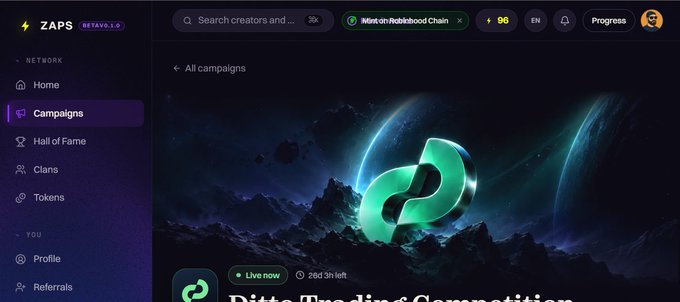A screenshot of a website interface for "ZAPS BETA v1.1.0" showing a Campaigns page with a "Ditte Trading Competition" promotional banner featuring a green logo.