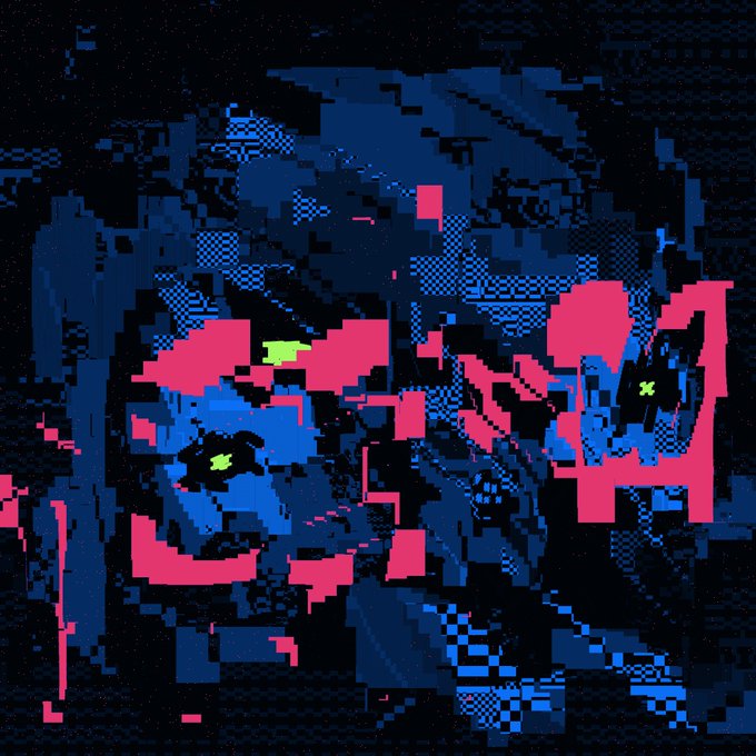 A glitchy, pixelated digital artwork featuring abstract figures in pink, blue, and black tones.