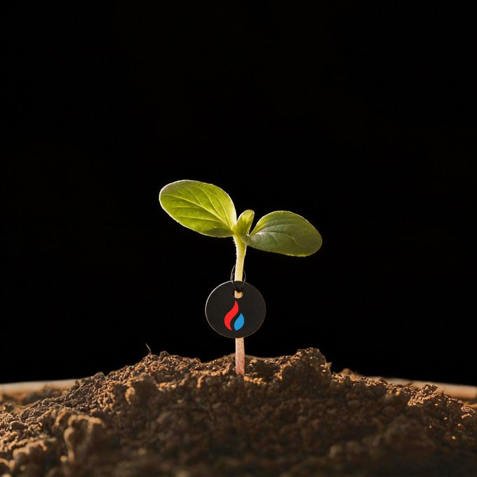 A small green seedling sprouting from dark soil against a black background, with a black circular logo containing a red and blue flame-like symbol attached to the stem.