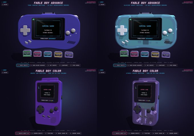 A promotional graphic showcasing 'FABLE BOY ADVANCE' and 'FABLE BOY COLOR' handheld gaming consoles in various translucent colors (purple, blue/teal, and pink), with screens displaying 'COMING SOON' and feature lists mentioning card games, camera mode, and AI future versions.