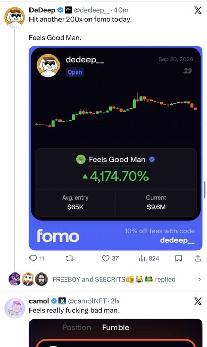 A screenshot of an X post by @dedeep_ celebrating a '200x on fomo today', showing a trading chart for 'Feels Good Man' with a 4,174.70% gain, an average entry of $65K, and a current price of $9.6M.