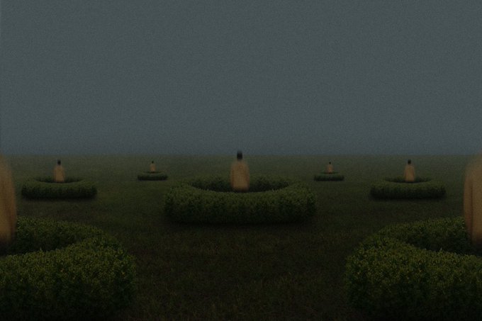 A dark, atmospheric, and slightly grainy image shows a field with several circular green hedges. A blurry, faceless figure appears to be sitting in or emerging from each hedge, creating an eerie, surreal landscape.