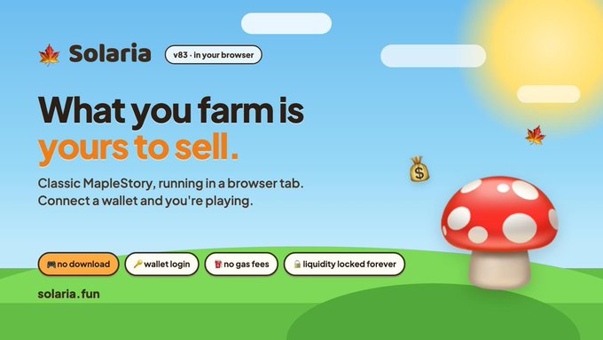 A promotional banner for 'Solaria' (solaria.fun) advertising a browser-based Classic MapleStory game with the tagline 'What you farm is yours to sell,' featuring a red mushroom and a money bag icon.