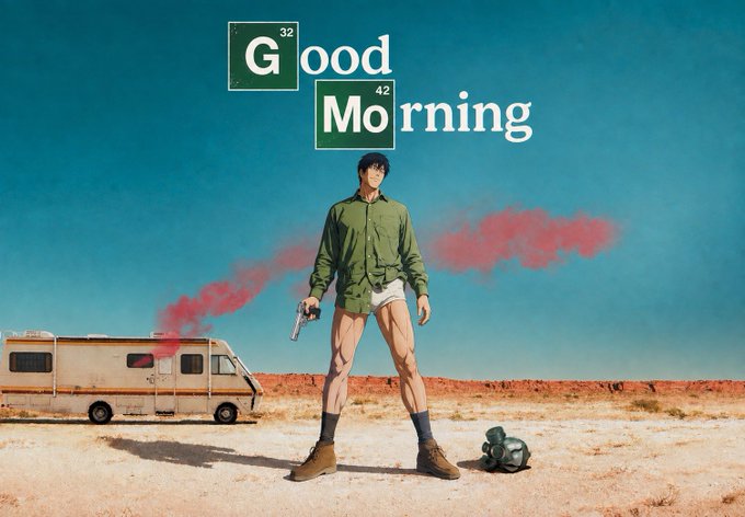 An anime-style promotional image features the text 'Good Morning' styled as periodic table elements, showing a male character in an open green shirt holding a revolver, standing in a desert with an RV and pink smoke in the background.