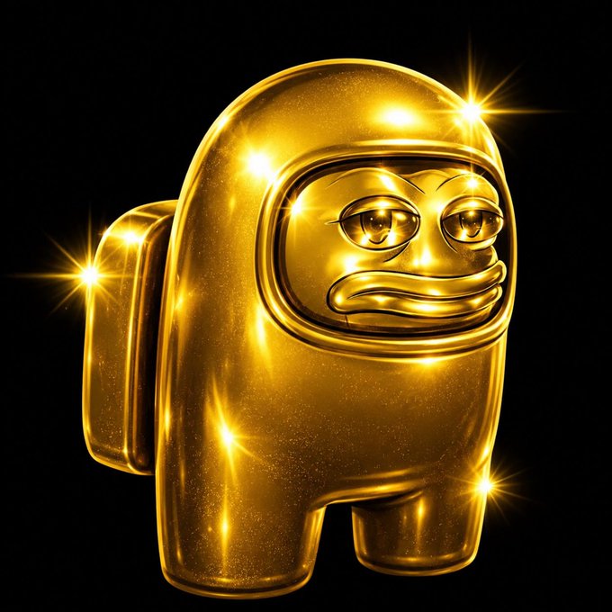 A shiny gold figurine of a character from the "Among Us" video game stands against a black background with sparkling light effects. The image relates to the post as a creative, meme-style representation of the "$GPEPE" imposter-themed memecoin being promoted on Solana.