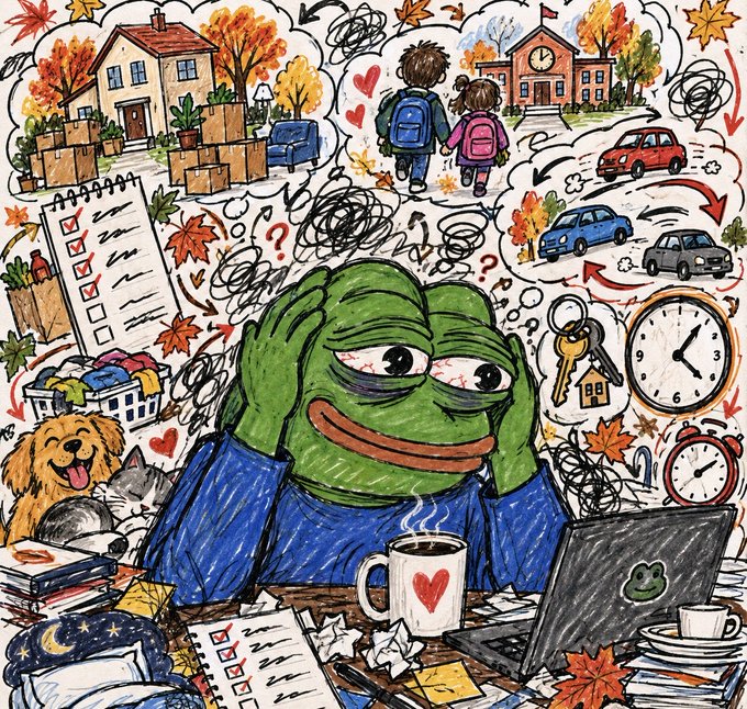 A colorful illustration of an overwhelmed Pepe the Frog character holding his head, surrounded by chaotic scribbles, autumn leaves, houses, cars, clocks, a dog, a cat, and a laptop showing the frog's logo.