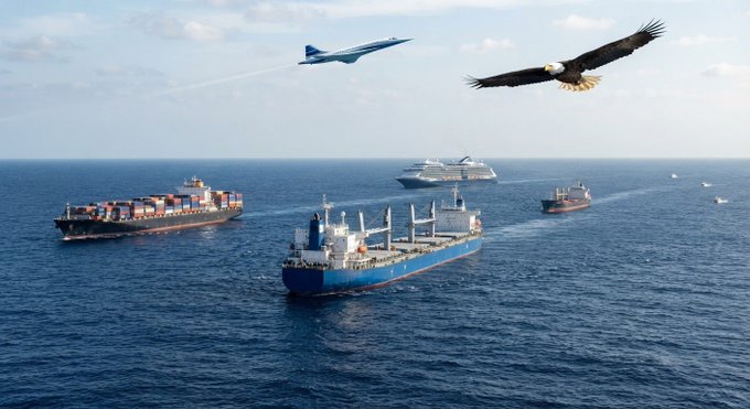 A fighter jet, a bald eagle, container ships, a cruise liner, and cargo vessels traverse the open ocean, illustrating the global maritime activity that the Sea Verity network tracks and verifies. The image visually reinforces how EthraShip's Harbor connects DeFi deposits to real-world maritime infrastructure, channeling yield into strengthening that monitoring network.