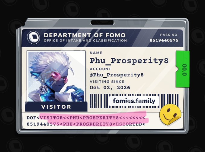A digital ID badge from the 'DEPARTMENT OF FOMO' for visitor Phu_Prosperity8, featuring an anime-style character portrait and the website 'fomies.family'.